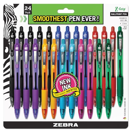 Zebra Pen Z-Grip Ballpoint Pen, Retractable, Med 1mm, Assorted Business/Artistic Ink Color, Clear Barrel, 24PK 12223